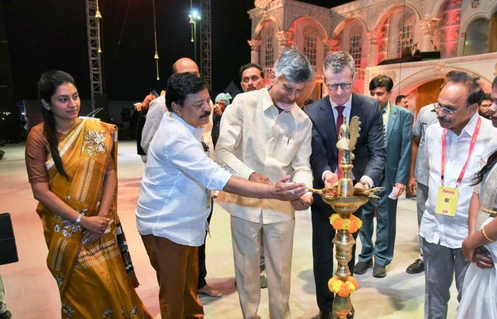 AP CM N Chandrababu Naidu and Minister Kandula Durgesh lighting lamp at Avakai Amaravati Festival inauguration
