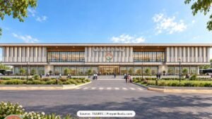 Proposed Nalgonda Bus Terminal front elevation with modern glass facade and landscaped entrance under TGSRTC new bus station design