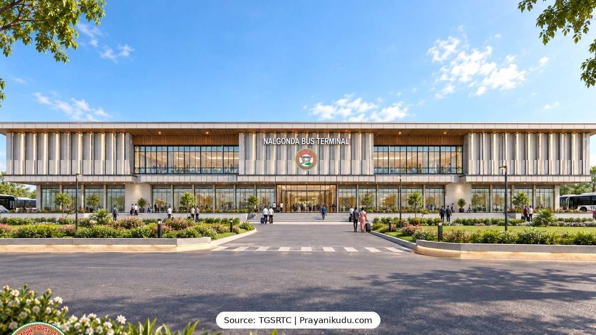 Proposed Nalgonda Bus Terminal front elevation with modern glass facade and landscaped entrance under TGSRTC new bus station design