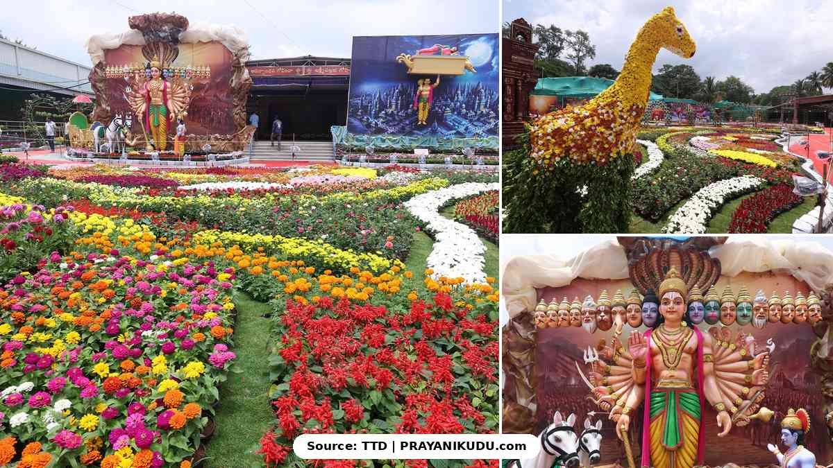 TTD Tirumala flower exhibition 2025 Ramayana theme with floral giraffe and Vishwaroopa display
