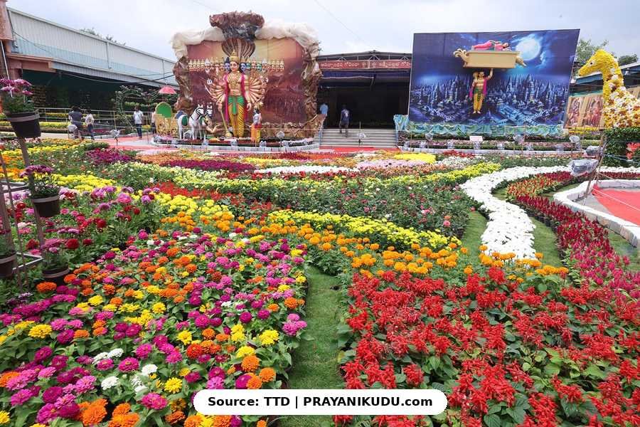 తిరుమల బ్రహ్మోత్సవాలు 2026 - దర్శనం తర్వాత ఎక్కడికి వెళ్లాలి? | Tirumala flower exhibition 2026 3 : Colorful flower garden at Tirumala TTD exhibition with Ramayana backdrop Vishwaroopa